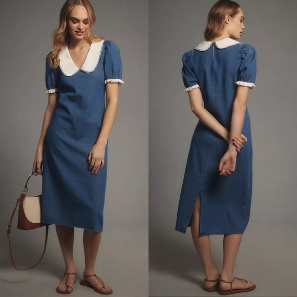 NWT M 100% Cotton Denim Porridge Anthropologie Midi Dress White Cotton Lace Trim - Picture 2 of 9